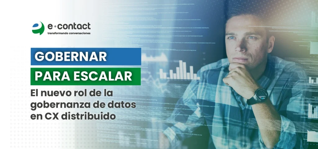 Profesional analizando gráficos digitales que representan la gestión y gobernanza de datos en CX distribuido